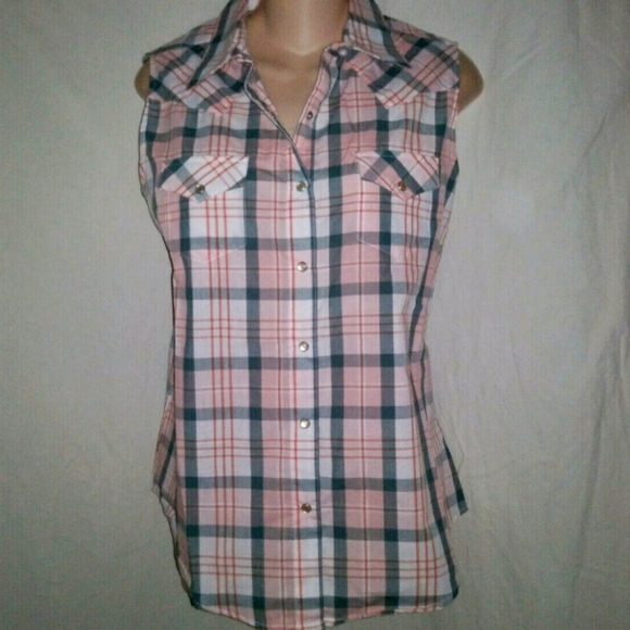 Wrangler Wrancher Pearl Snap Plaid Sleeveless Western Shirt Women's Large L EUC - Picture 3 of 11